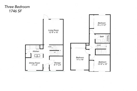 Floor plan for 3 beds, 1.5 baths, 1746 sqft